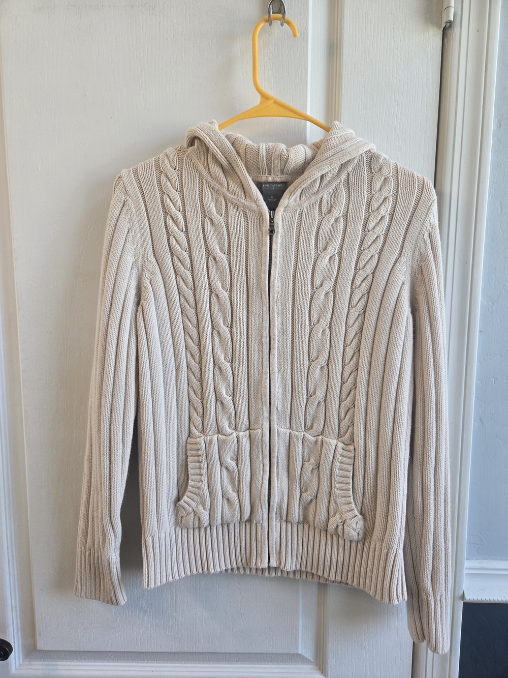 Ann Taylor Cream Cable Knit Hooded Zip Up Cotton Sweater Cardigan, Size Medium
